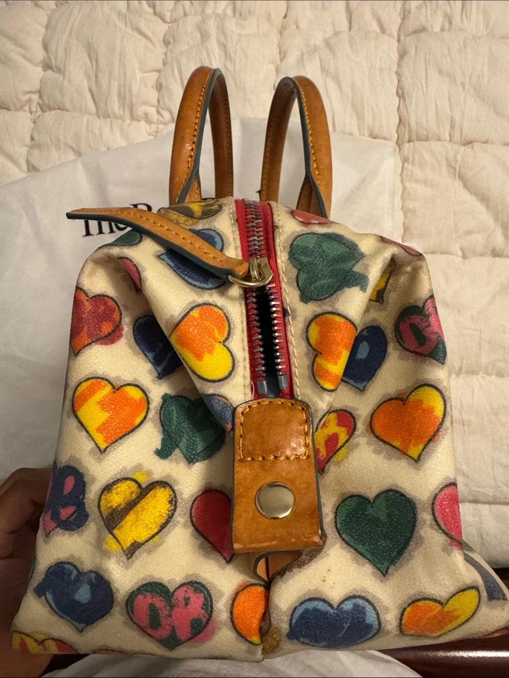 Dooney & Bourke Cream Satchel with Multicolor Heart Print